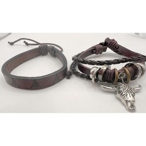 Leather Bracelet Set 0f 2 Bull Skull Charm Adjustable Western Biker 2pc